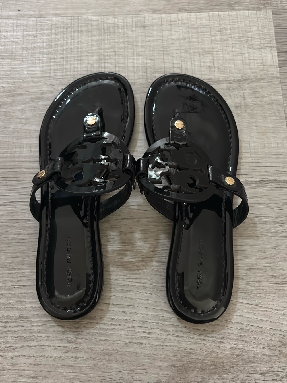 Tory Burch Black Patent Logo Thong Sandals